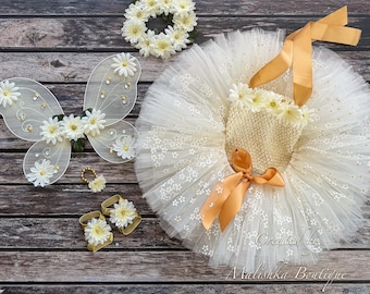 Cream Daisy Cake Smash glitter tutu skirt, crochet top, butterfly fairy wings, barefoot sandals, elastic pearl bracelet set, flower outfit