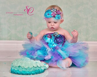 Under The Sea Mermaid Cake Smash Tutu dress outfit, Glitter Fabric Headband, Elastic Tube top, Fairy hydrangea flowers Mermaid half Birthday