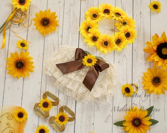 Sunflower Lace Diaper Cover, Fabric Flower Headband, Glitter Gold Barefoot Sandals, Ruffle Baby Bloomers Girl Cake Smash Half Birthday Photo