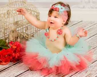 Tutu with Pearls, Cake Smash Photos Birthday Outfit, Baby Girl Aqua Coral, Layered, Full, Prop, 6 month, newborn shower gift, spring pastel