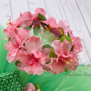 Luau Hair Crown Headband, Tulle azalea flower tulle tutu skirt, coral salmon, apple, elastic Hawaii cake smash party, baby photoshoot prop