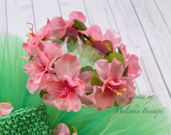 Luau Hair Crown Headband, Tulle azalea flower tulle tutu skirt, coral salmon, apple, elastic Hawaii cake smash party, baby photoshoot prop