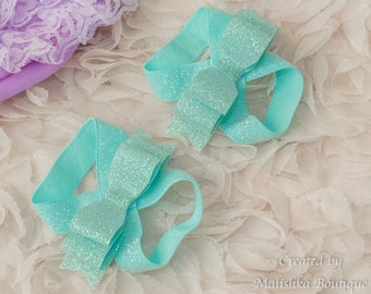 Aqua Glitter Barefoot Sandals, Shiny Frosted Bows Baby Stretchy, Frozen Ice Elsa Over the Top First 1st Birthday Outfit Photo Prop Newborn