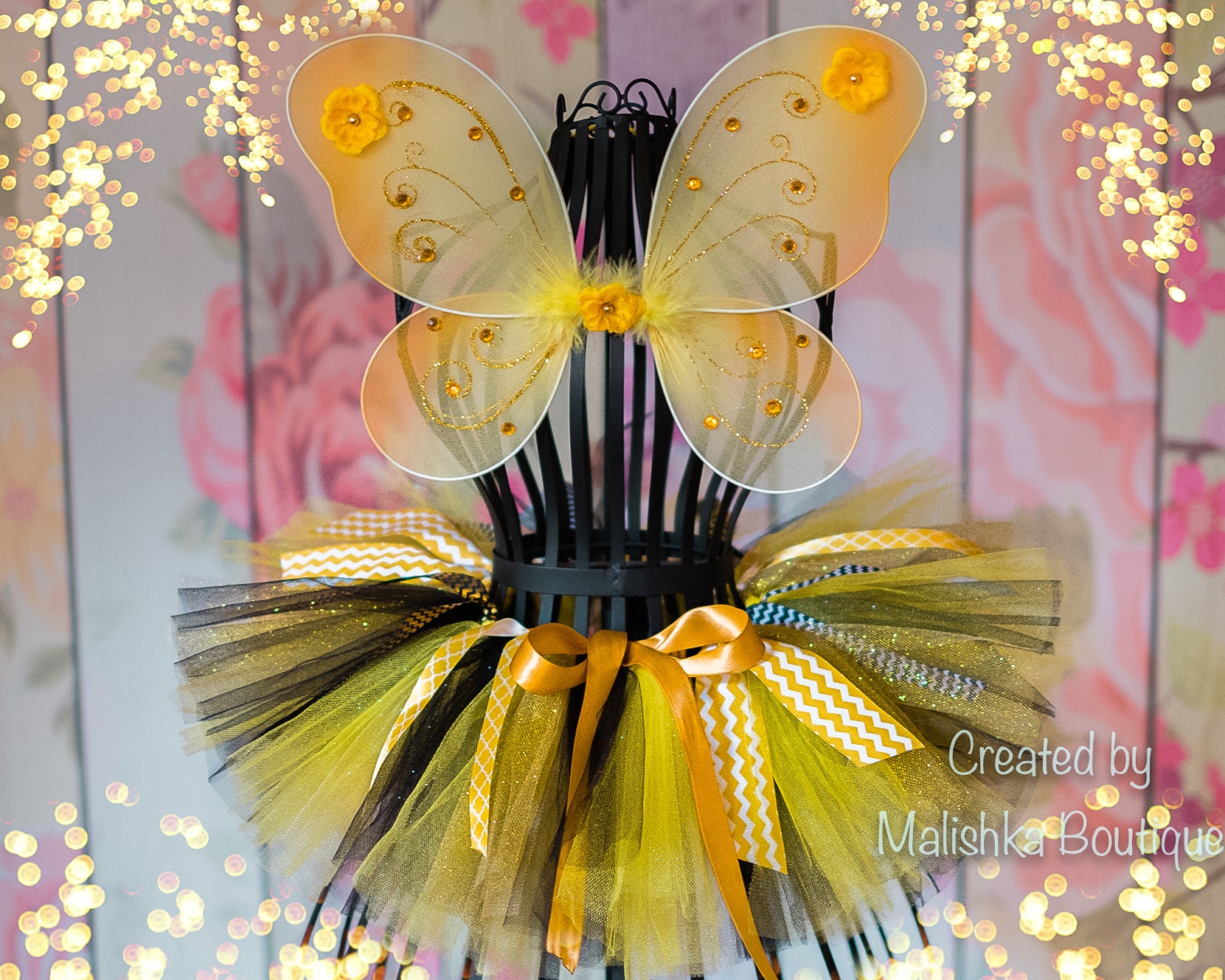 Bumble Bee Tutu Wings Outfit, Gold Cake Smash Birthday Girl Butterfly Costume, Honey, Fabric Flowers, Ribbon Glitter Photo Prop 6 month Baby