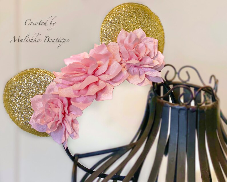 6 month Mouse Ears Girls Headband Newborn Shower Gift Photography Dahlia Birthday Cake Smash Photo Outfit Glitter with fabric Flowers