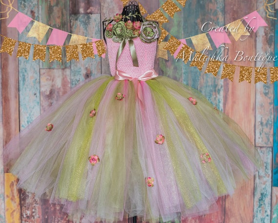 Garden Fairy Tutu Top Dress, Baby Girl Moss Green Light Pink Fabric Flower First Birthday Outfit Hydrangea Flower Girl Beauty Pageant Prop