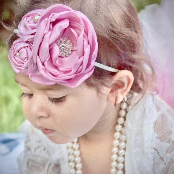 Dusty Rose Headband, Fabric Flower with gemstone and pearls, skinny elastic, newborn photo prop, cake smash outfit, mauve, shower gift, cake