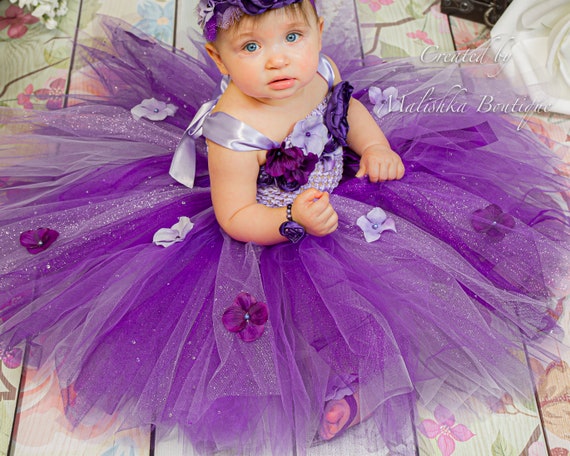 Robe Tutu longue bébé fille, violet lilas ultra violet, fille de fleur,  haut tube pailleté au crochet complet, tissu, perles, anniversaire de fée  du jardin de prunes -  France