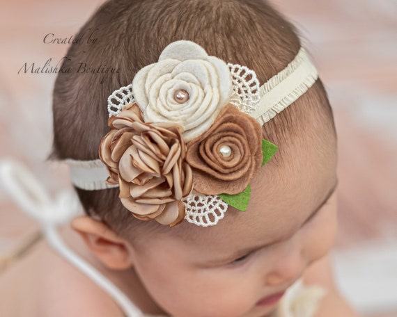 Neutral Baby Headband, Felt Fabric Flower Pearl Lace 