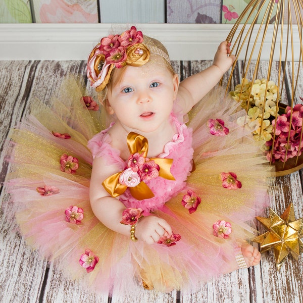 Cake Smash Flower Tutu Dress Outfit, Baby Girl Over the top fabric headband, Ruffle Petti Top, Pearl Bracelet, toddler, 6 month photo prop