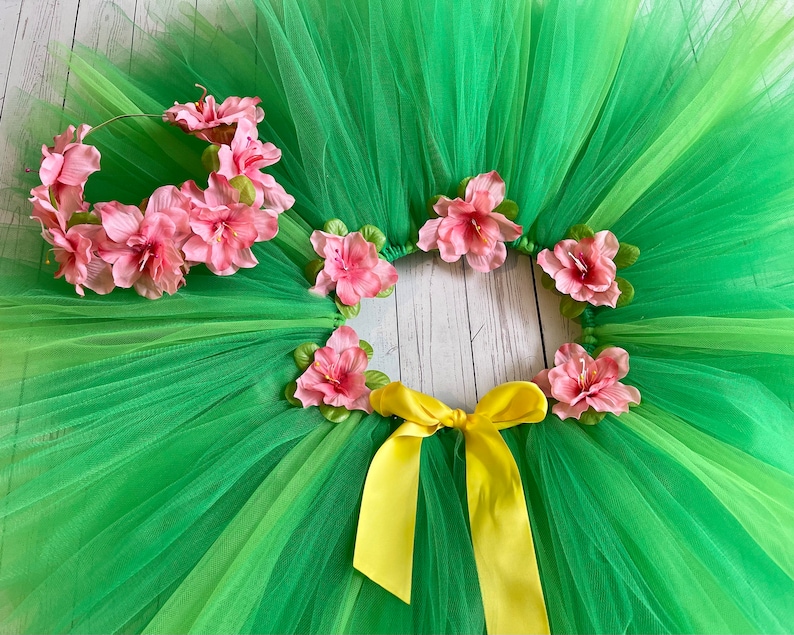 Luau Skirt, Hair Crown Headband, Tulle azalea flower tulle tutu, coral salmon, apple, elastic Hawaii cake smash party, baby photoshoot prop image 1