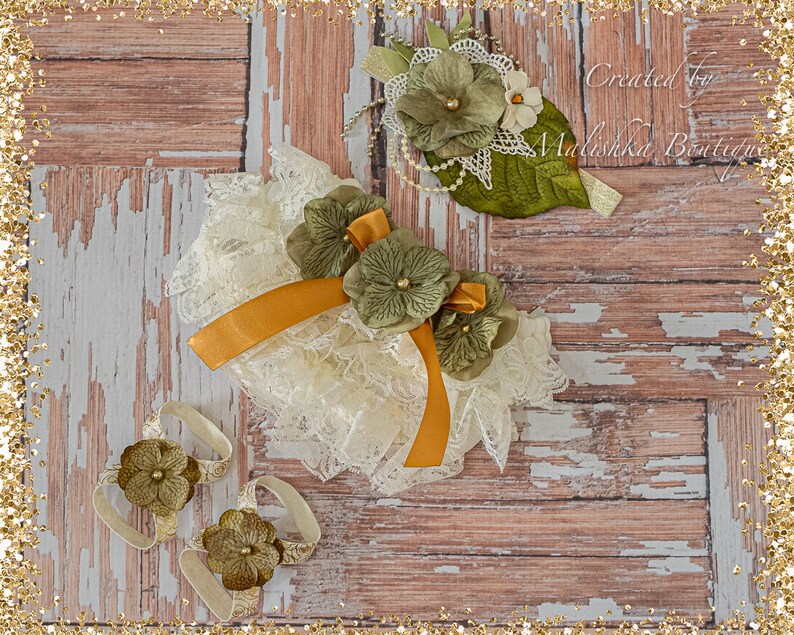 Baby Girl First Birthday Outfit Tutu Crochet Top Set Cream Gold Moss Sage Olive Green Fabric flowers dress glass pearl beads layered pageant