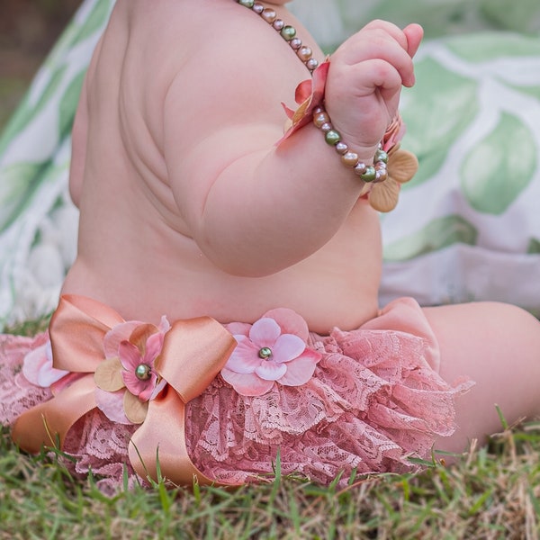 Lace Diaper Cover Baby Bloomers with Flowers, Dusty Rose Mauve 6 month photos, Birthday Girl Cake Smash Shower Gift, tutu liner flowers