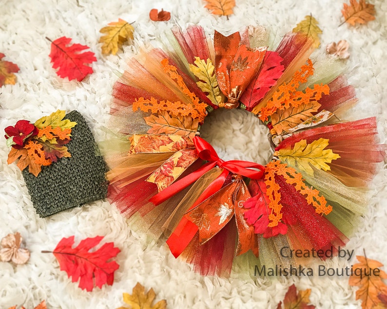Hair bow Headband Baby Girl First Birthday Leaves Glitter Orange Brown Olive Red Autumn Thanksgiving Fall tutu Outfit Crochet Top Ribbon