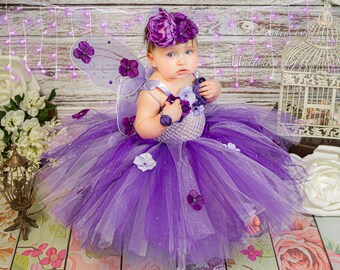 Fairy Birthday Outfit, Long Flower Tutu Pageant Dress, Baby Girl Crochet Top, Over the Top Headband Butterfly Wings Pearl Bracelet Costume