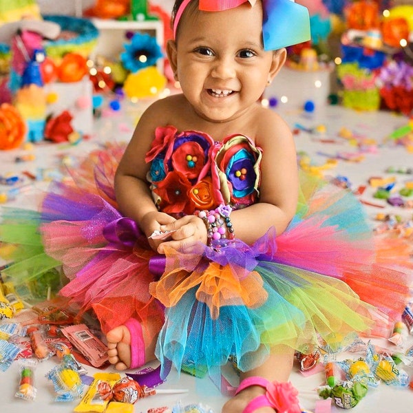 Circus Fiesta Cake Smash Outfit, Baby Girl Layered Pom Pom tutu, Fabric Flower Top, Rainbow bright birthday party, 6 month photos