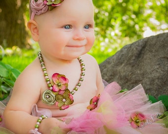 Pearl Beaded Necklace, Pink Moss Sage Green Hydrangea Flower Jewelry, Baby Girls First 1st Birthday, Wedding, Toddler Photo Prop Stretchy