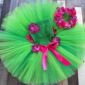 Luau Tutu Skirt, Top, Hair Crown Headband Outfit, Tulle azalea flower, fuchsia l, apple, elastic Hawaii cake smash party, baby photoshoot