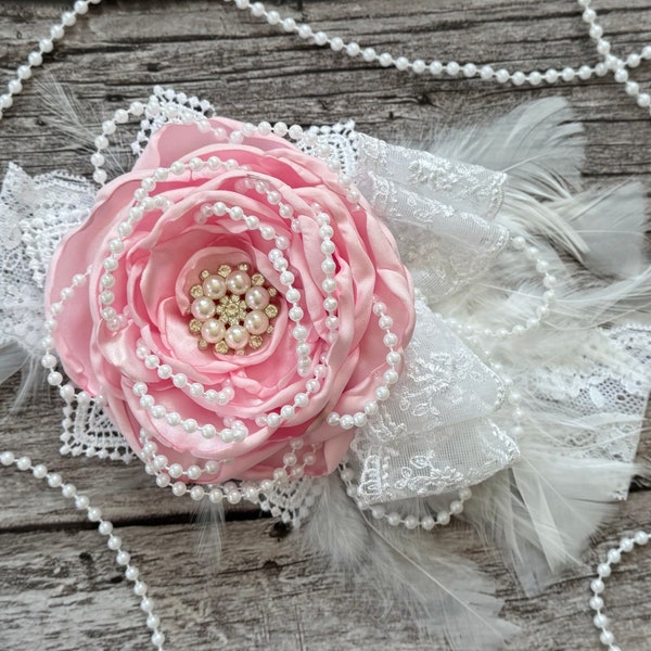 Large Over the Top Fabric Flower Headband, Cake Smash First Half Birthday Photos, Baby Girl, Lace Pearl Feathers, Beauty Pageant