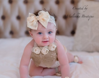 Cream Lace Bow Baby Headband, Baptism Christening, Flower Girl, Ivory, Newborn Photo Prop, Gemstone Rhinestones, Baby Shower Gift, Victorian