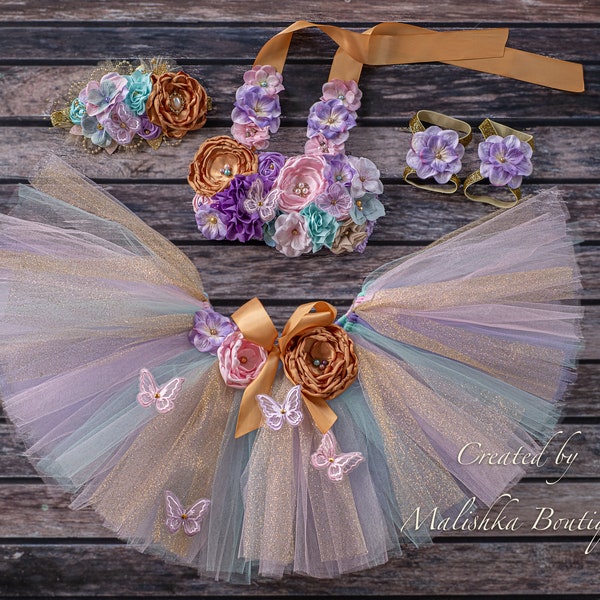 Pastel Butterfly fairy Cake Smash tutu, top, headband, barefoot sandals outfit costume, glitter fabric, over the top, aqua, lavender, gold