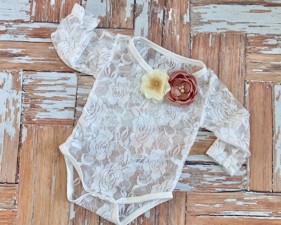 Baby Girl Lace Bodysuit, Long Sleeve Cotton Top With Ribbon, Fabric  Flowers, Pearls, Flower Girl, Cake Smash Photo Outfit, Shower Gift 