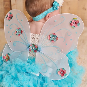 Butterfly Fairy Wings, Baby Girl with Flowers, glitter swirls, Pearls, Costume First Birthday Party Dress Up Toddler Photo Prop Outfit Pixie