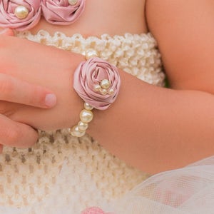 Cream Dusty Rose Pearl Rosette Bracelet Blush Mauve Little Baby Flower Girl Fabric photo prop shower gift Ivory pink Newborn Infant jewelry