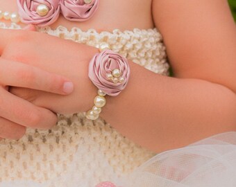 Cream Dusty Rose Pearl Rosette Bracelet Blush Mauve Little Baby Flower Girl Fabric photo prop shower gift Ivory pink Newborn Infant jewelry