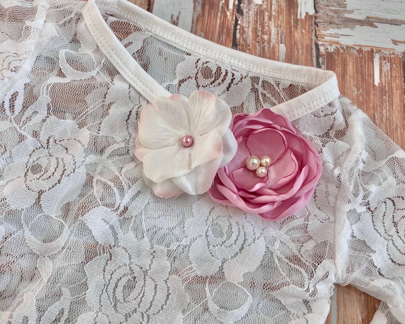 Cream Dusty Pink Lace Bodysuit Baby Girl Cake Smash Photo Outfit Long Sleeve Creeper Top w ribbon pearls fabric flowers Shower Gift
