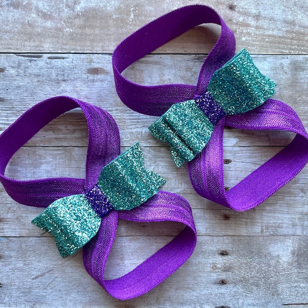 Barefoot Sandals, Glitter Bows Aqua Baby Stretchy, Birthday Cake Smash Outfit Photo Prop, Newborn Girl, matching twins photos, teal bands