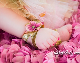 Baby Girl Barefoot Sandals, Pink Glitter Gold Sage Moss Green Hydrangea Flower Stretchy Elastic Shoes,  First Birthday Outfit Fairy Costume