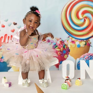 Donut Cake Smash Outfit, Baby Girl Tutu with Sprinkles, Crochet Halter Top, Fabric Flower Headband, Birthday Party Costume, Layered, Glitter