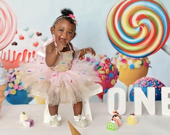 Donut Cake Smash Outfit, Baby Girl Tutu with Sprinkles, Crochet Halter Top, Fabric Flower Headband, Birthday Party Costume, Layered, Glitter