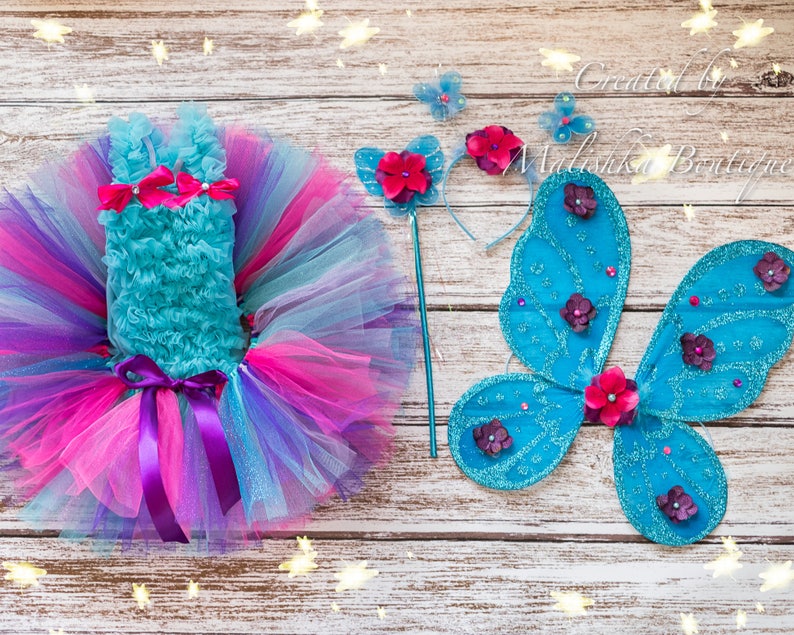 Rhinestone Pearls Purple Hot Pink Fairy Butterfly Wings Costume First Birthday Outfit Baby Girl Turquoise Glitter Wand Headband Antennae