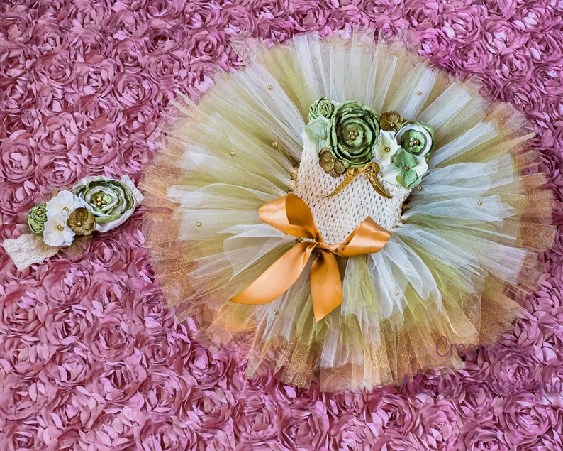 Baby Girl First Birthday Outfit Tutu Crochet Top Set Cream Gold Moss Sage Olive Green Fabric flowers dress glass pearl beads layered pageant