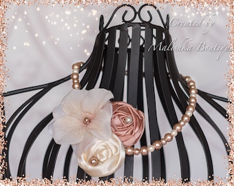 Fabric Flower Pearl Necklace, Cream Taupe Ivory Elastic Jewelry, Newborn Shower Gift, First Birthday, Fall Birthday Winter Photos