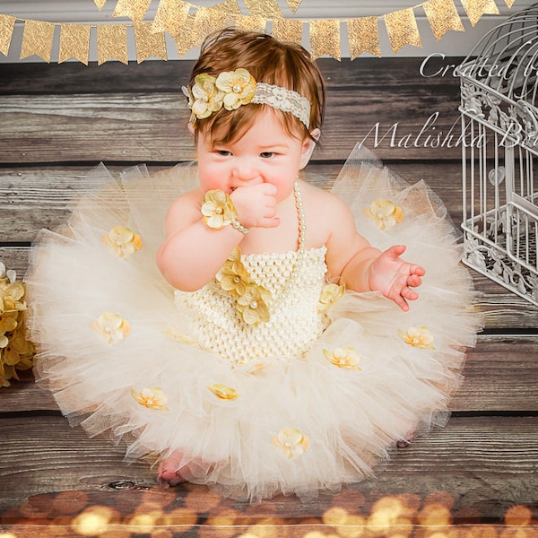 Cream Fairy First Birthday Cake Smash Outfit, flower Girl Tutu Top headband Pearl Necklace Bracelet Ivory Tulle Dress Set Photo Prop 6 month