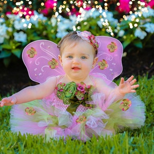 Fairy Costume, Baby Girl Cake Smash Birthday Outfit, Tutu Flower Crochet Tube Top Butterfly Pixie Wings, Moss Sage Olive Dress Newborn Photo image 1