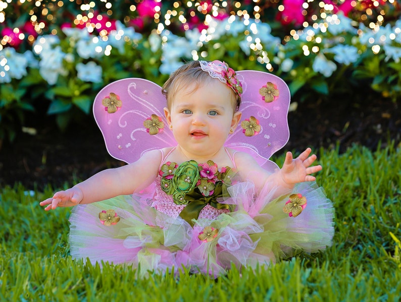 Fairy Costume, Baby Girl Cake Smash Birthday Outfit, Tutu Flower Crochet Tube Top Butterfly Pixie Wings, Moss Sage Olive Dress Newborn Photo image 1
