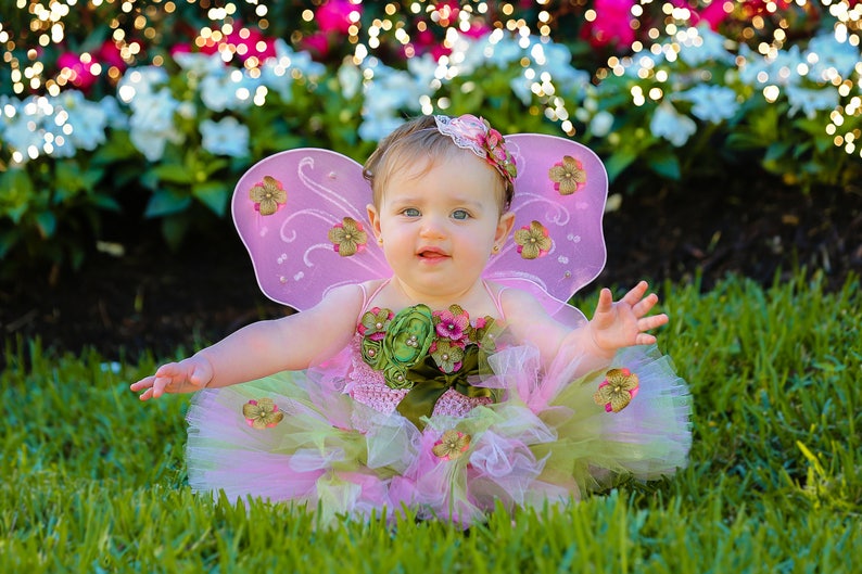 Puede incluir: Una ni&ntilde;a peque&ntilde;a vestida con un disfraz de hada rosa y verde con alas de mariposa. Est&aacute; sentada en una zona cubierta de hierba con un fondo borroso de flores.