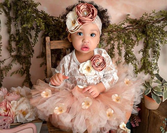 Baby Girl Cake Smash Outfit Glitter Tutu with flowers and pearls, Lace Bodysuit, Over the Top Headband, 6 months photos prop, cream, gift