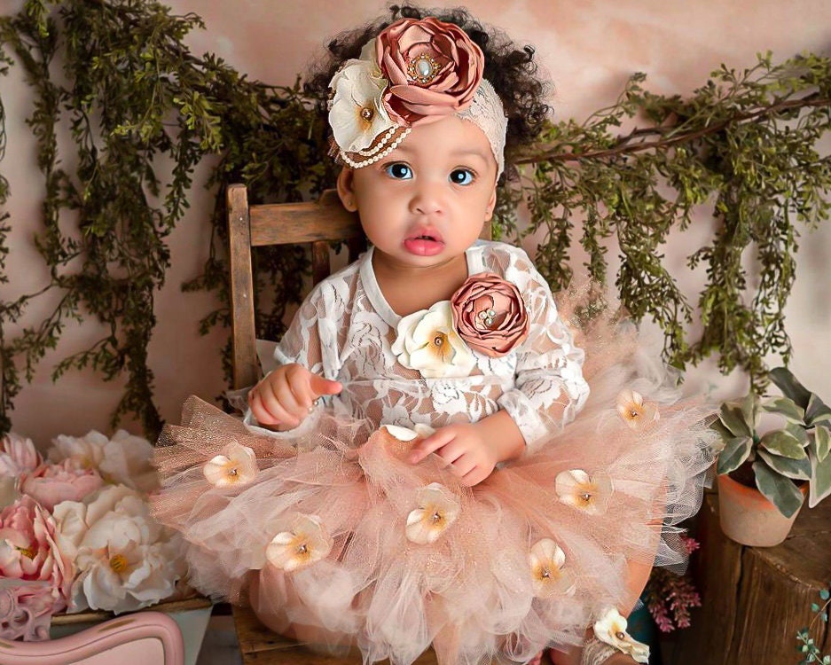 Baby Girl Cake Smash Outfit Glitter Tutu With Flowers & Pearls, Lace Bodysuit, Over The Top Headband, 6 Months Photos Prop, Cream, Gift