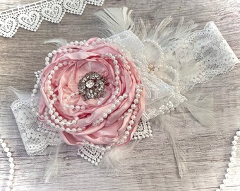 Large Over the Top Fabric Flower Headband, Cake Smash First Half Birthday Photos, Baby Girl, Lace Pearl Feathers, Beauty Pageant