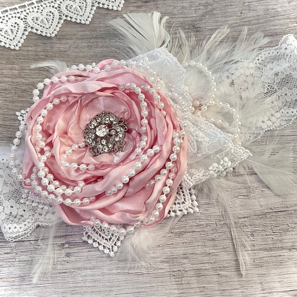 Large Over the Top Fabric Flower Headband, Cake Smash First Half Birthday Photos, Baby Girl, Lace Pearl Feathers, Beauty Pageant