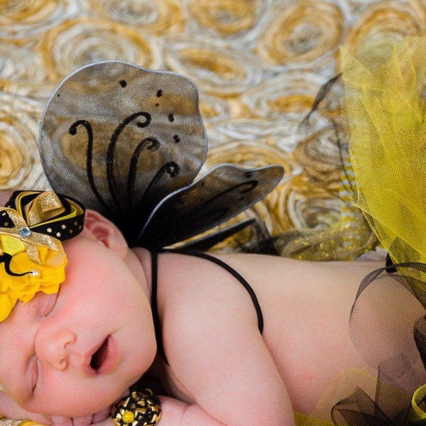 Black Baby Wings Bumblebee Butterfly Toddler Costume Glitter First Birthday Party Dress Up Baby Girl Photo Prop Outfit Pixie Fairy Honey Bee