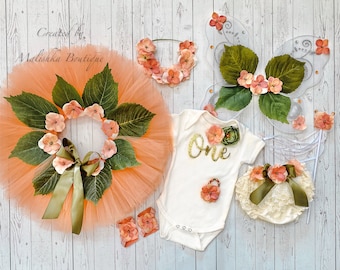 Peach Fairy Cake smash flower tutu outfit, gold bodysuit, butterfly wings, wand, newborn barefoot sandals, pearl bracelet, lace diaper cover