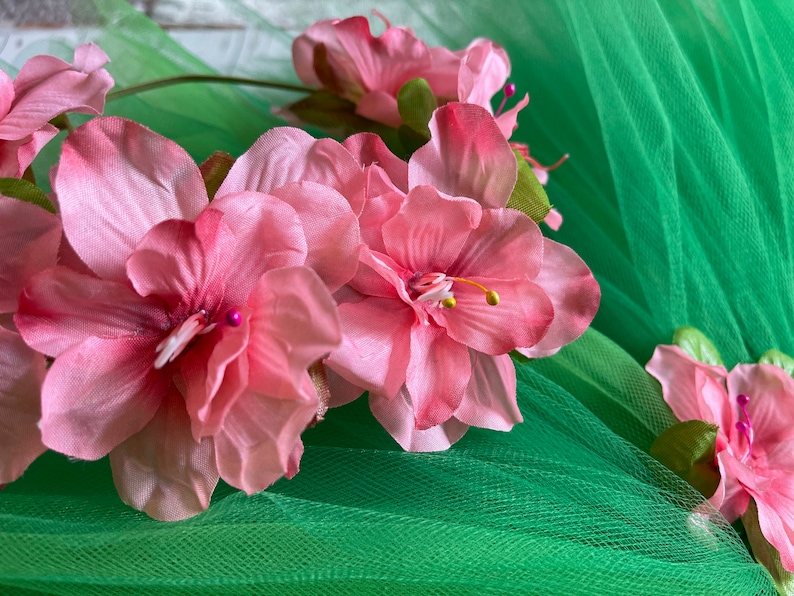 Luau Skirt, Hair Crown Headband, Tulle azalea flower tulle tutu, coral salmon, apple, elastic Hawaii cake smash party, baby photoshoot prop image 5