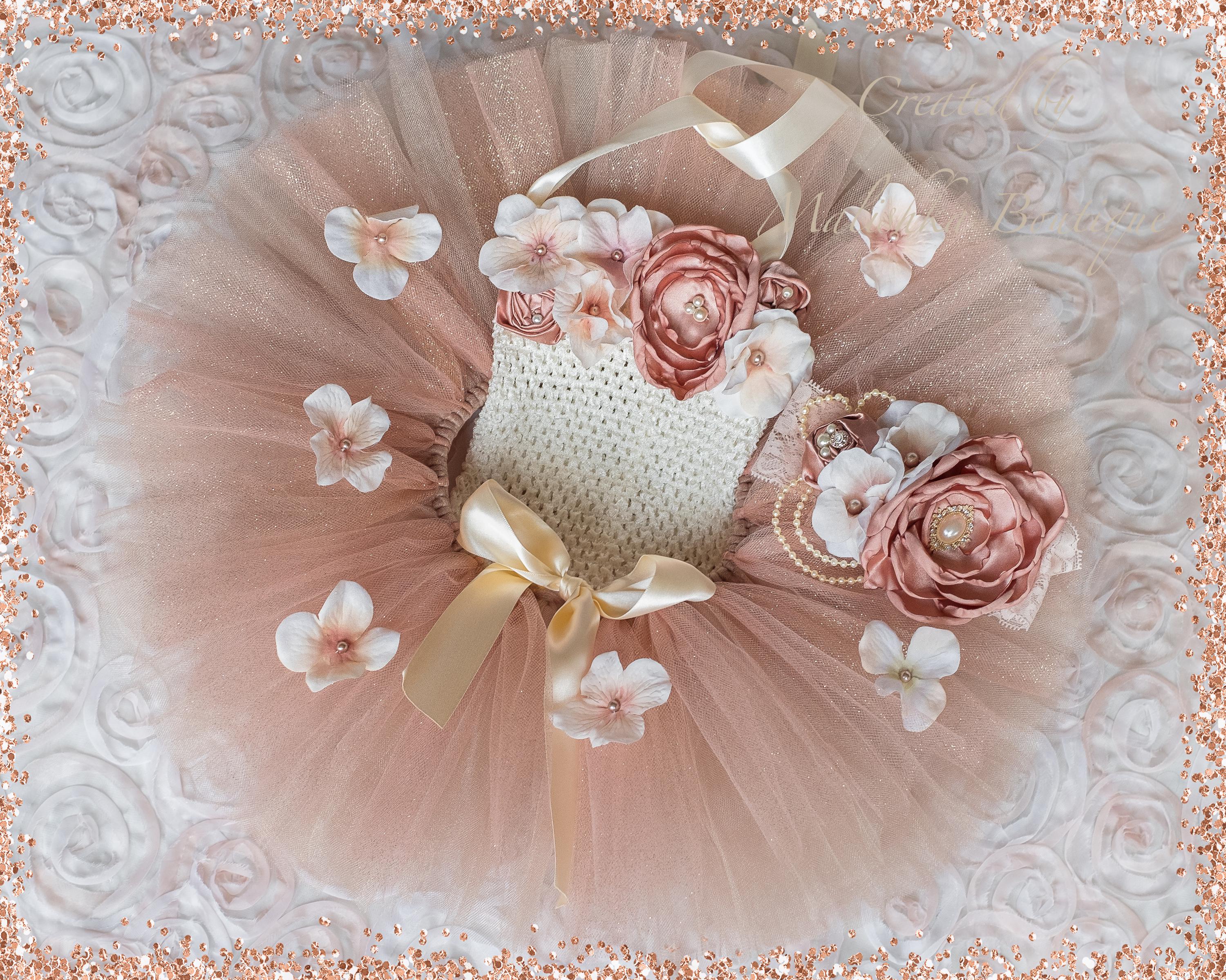 Cake Smash Fairy Outfit Baby Girls Cream Flower Tutu, Fabric Headband, Tube Top Outfit, Glitter Girl Set, Garden Birthday Costume