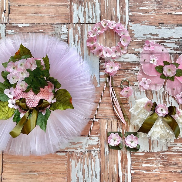 Fairy Cake smash flower tutu outfit, lace bodysuit, butterfly wings, wand, newborn barefoot sandals, pearl bracelet, lace diaper cover, moss